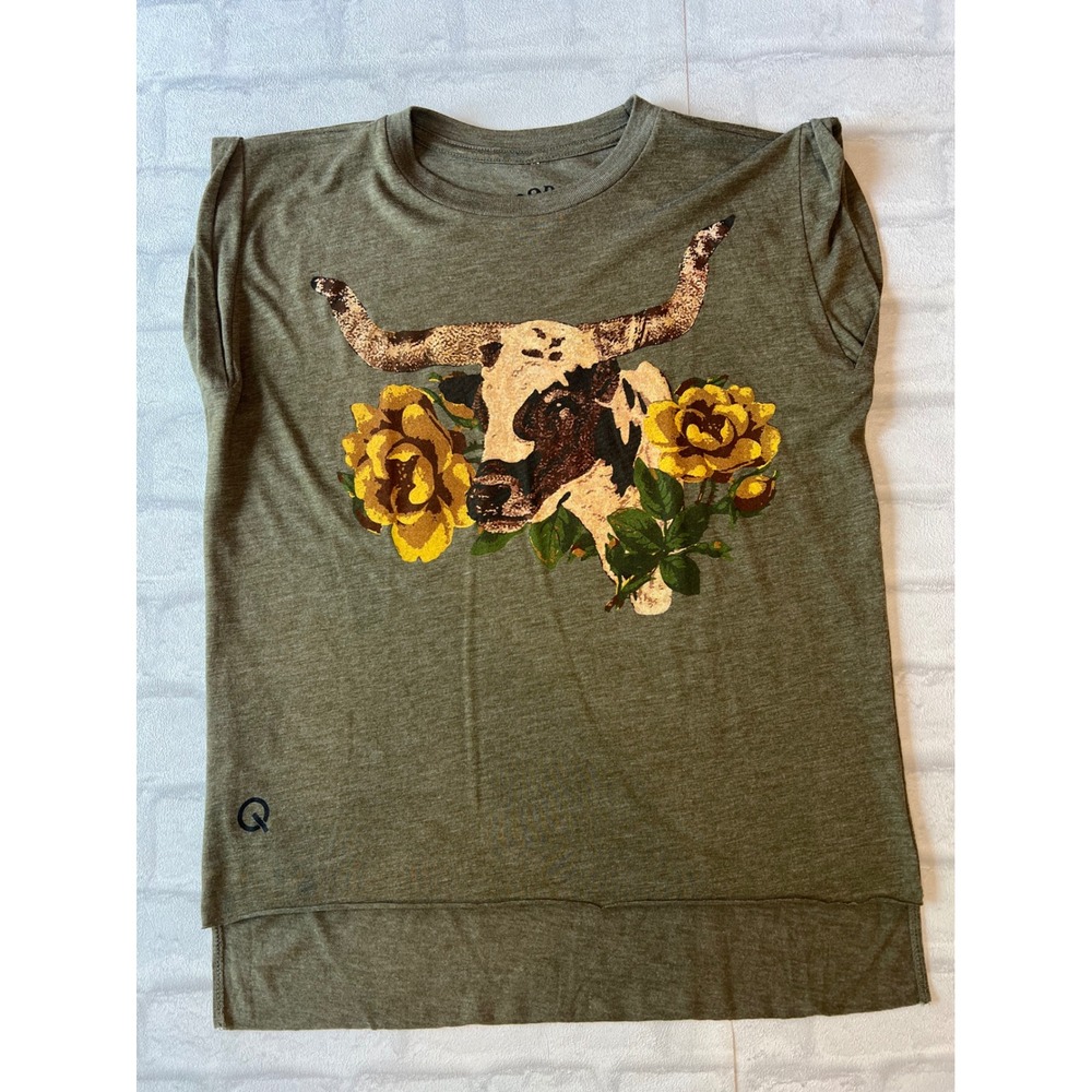 Rodeo Quincy Womens Small Green Longhorn Muscle Tee High Western Cowgirl boho